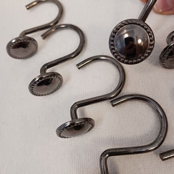 10 Shower Curtain Hooks LUXE Decor Button Style Polished Gunmetal Dark PRETTY! - Picture 2 of 14